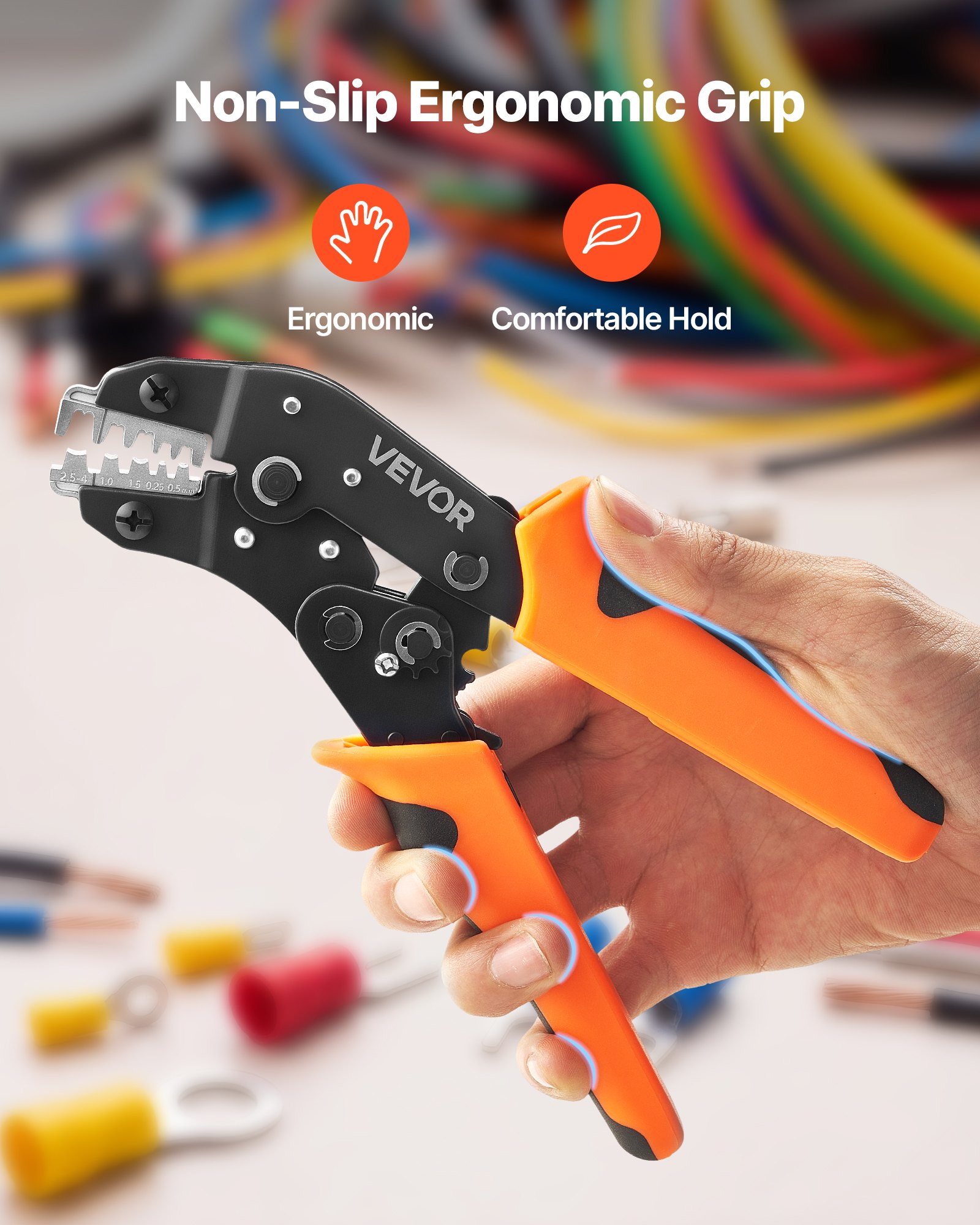 VEVOR Crimpadora Terminales Eléctricos 0,25-4 mm², Alicates de Crimpado de Trinquete para Terminales de Cables Eléctricos, con Presión Ajustable y Liberación Rápida, Marcas Métrica y del Sistema AWG