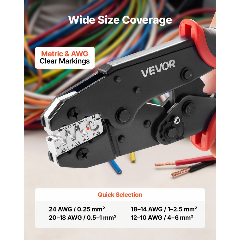 VEVOR Crimpadora Terminales Eléctricos 0,25-6 mm², Alicates de Crimpado con Trinquete, con Marcas Métrica y de AWG, Liberación Rápida, Presión Ajustable, Herramienta de Crimpado para Cables Eléctricos