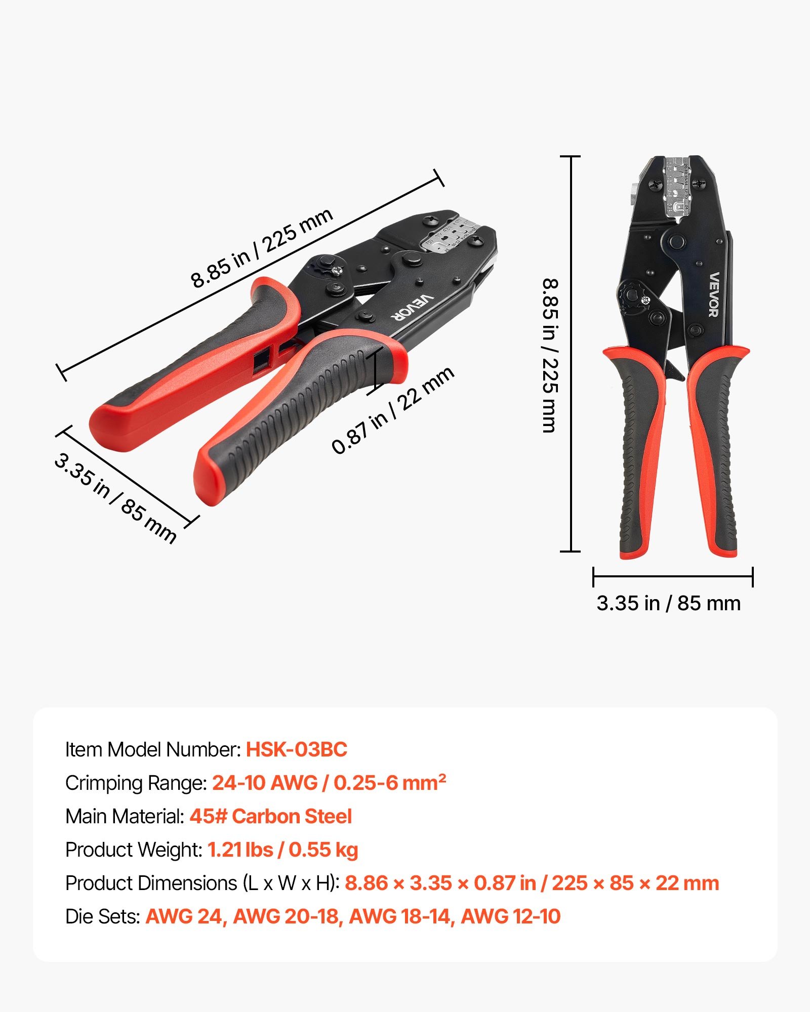 VEVOR Crimpadora Terminales Eléctricos 0,25-6 mm², Alicates de Crimpado con Trinquete, con Marcas Métrica y de AWG, Liberación Rápida, Presión Ajustable, Herramienta de Crimpado para Cables Eléctricos