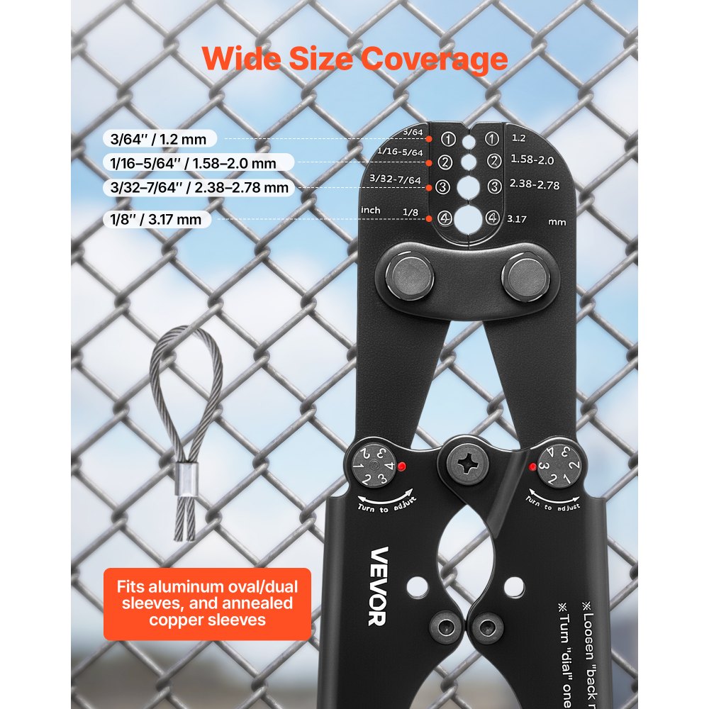 VEVOR Herramienta de Crimpado, Crimpadora Manual para Cables de Acero 1,2-3,17 mm, Marcas de Sistema Métrico e Imperial, Presión Ajustable, Compatible con Manguitos de Doble Bucle y de Cobre Cocido