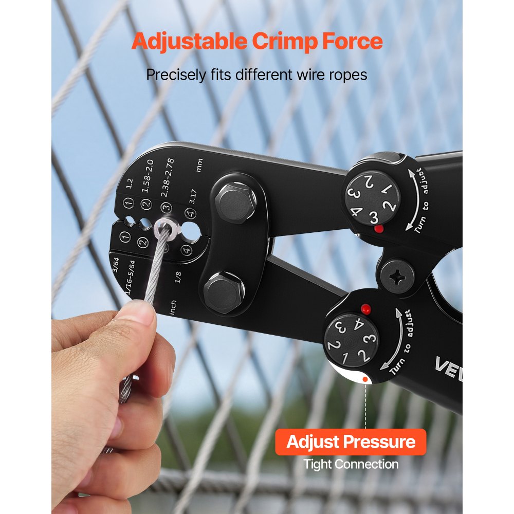 VEVOR Herramienta de Crimpado, Crimpadora Manual para Cables de Acero 1,2-3,17 mm, Marcas de Sistema Métrico e Imperial, Presión Ajustable, Compatible con Manguitos de Doble Bucle y de Cobre Cocido