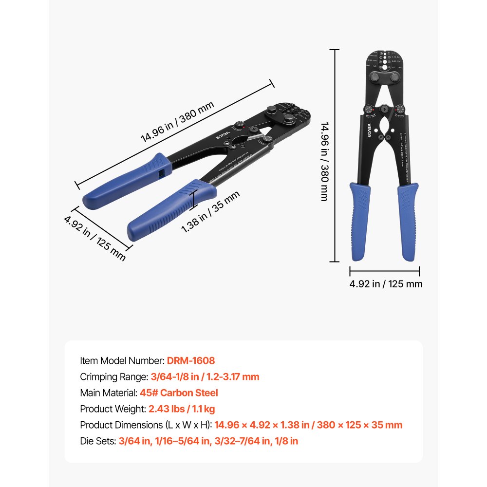 VEVOR Herramienta de Crimpado, Crimpadora Manual para Cables de Acero 1,2-3,17 mm, Marcas de Sistema Métrico e Imperial, Presión Ajustable, Compatible con Manguitos de Doble Bucle y de Cobre Cocido
