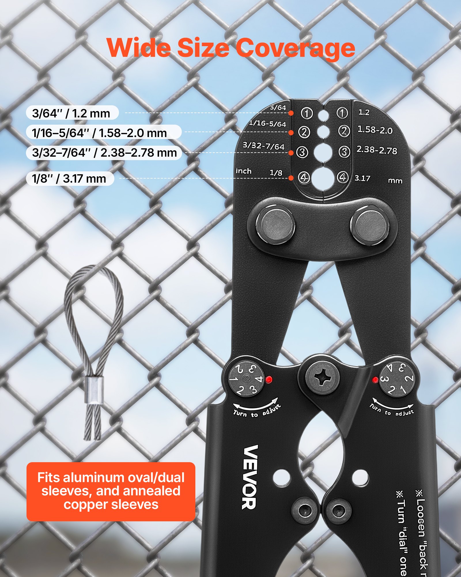 VEVOR Herramienta de Crimpado, Crimpadora Manual para Cables de Acero 1,2-3,17 mm, Marcas de Sistema Métrico e Imperial, Presión Ajustable, Compatible con Manguitos de Doble Bucle y de Cobre Cocido