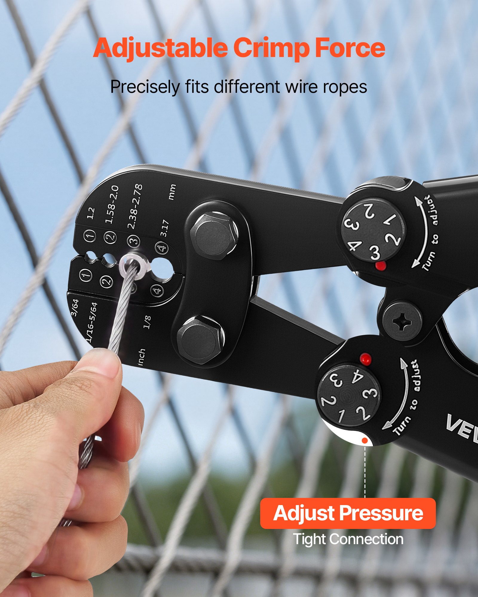 VEVOR Herramienta de Crimpado, Crimpadora Manual para Cables de Acero 1,2-3,17 mm, Marcas de Sistema Métrico e Imperial, Presión Ajustable, Compatible con Manguitos de Doble Bucle y de Cobre Cocido