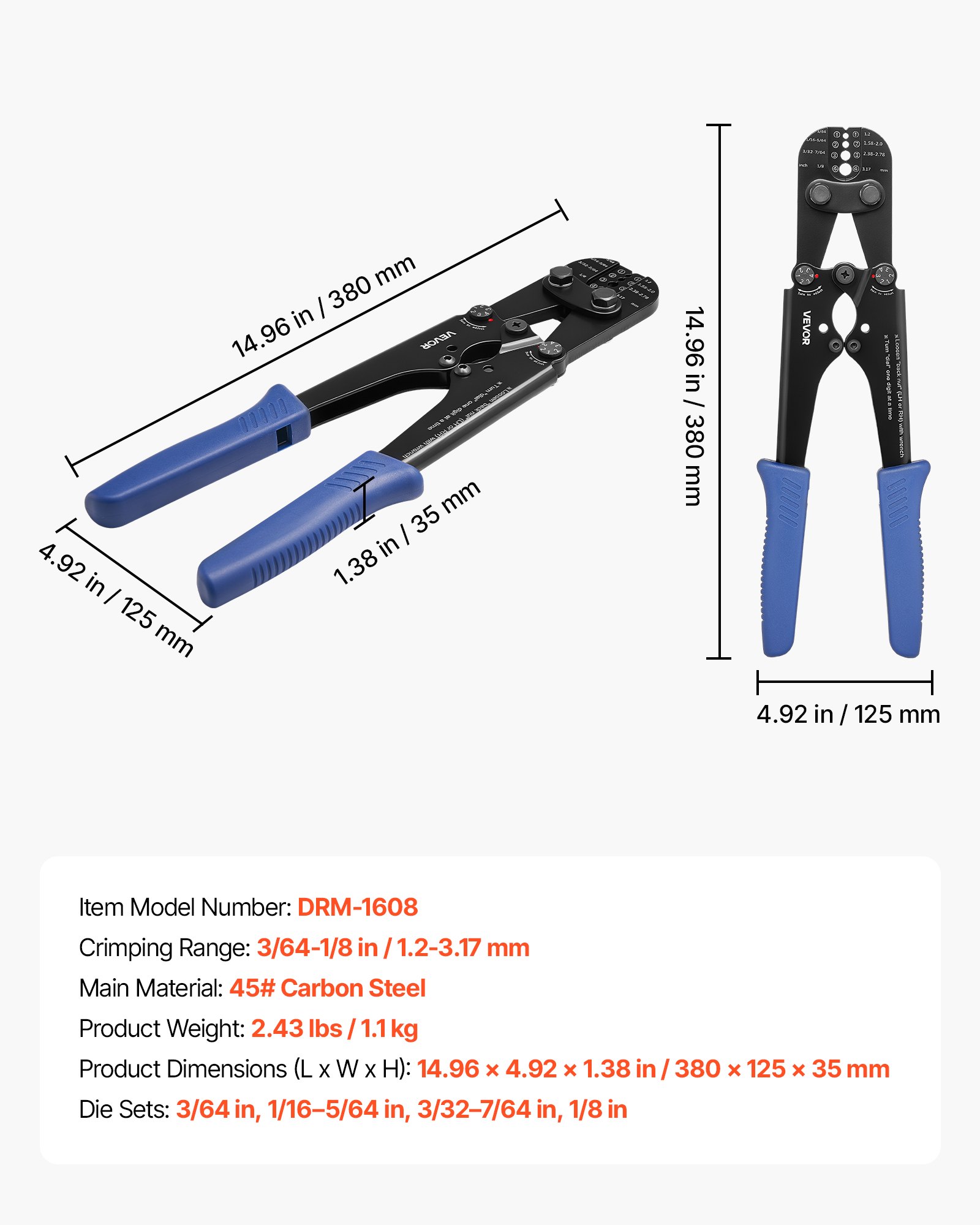 VEVOR Herramienta de Crimpado, Crimpadora Manual para Cables de Acero 1,2-3,17 mm, Marcas de Sistema Métrico e Imperial, Presión Ajustable, Compatible con Manguitos de Doble Bucle y de Cobre Cocido
