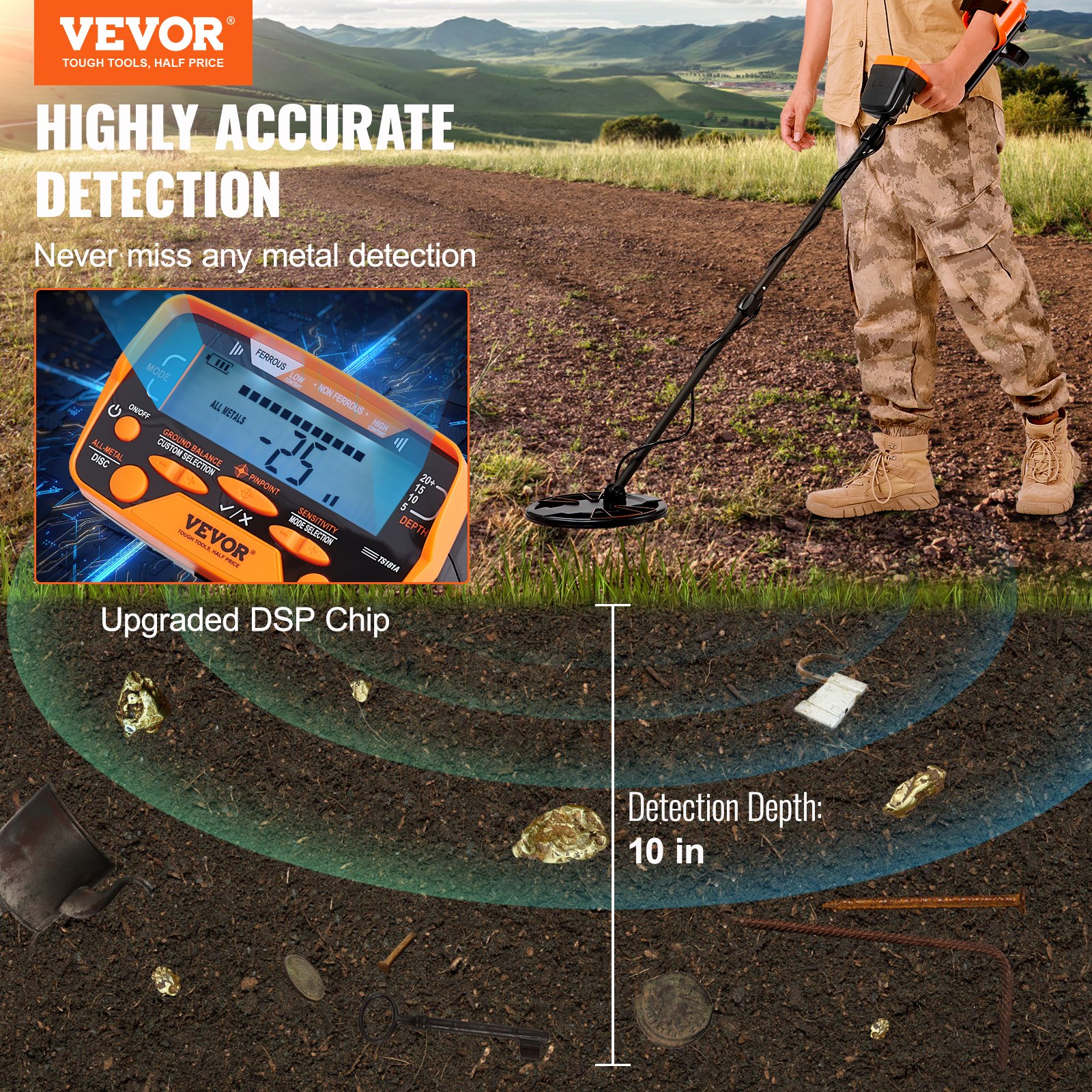 VEVOR Metal Detector Kit for Adults, Multifunctional Professional Detector with 7 Modes, Waterproof 10-inch Coil for Greater Depth, with Shovel and Carrying Case