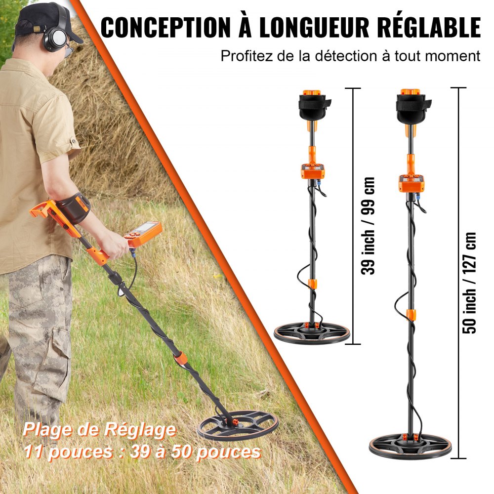 VEVOR Detector de Metales Profesional Mango de 99-127 cm Detector Recargable Bobina de Búsqueda 30 cm Pantalla LCD IP68 Impermeable 7 Modos DSP Chip Auriculares Bluetooth para Búsqueda de Monedas Oro