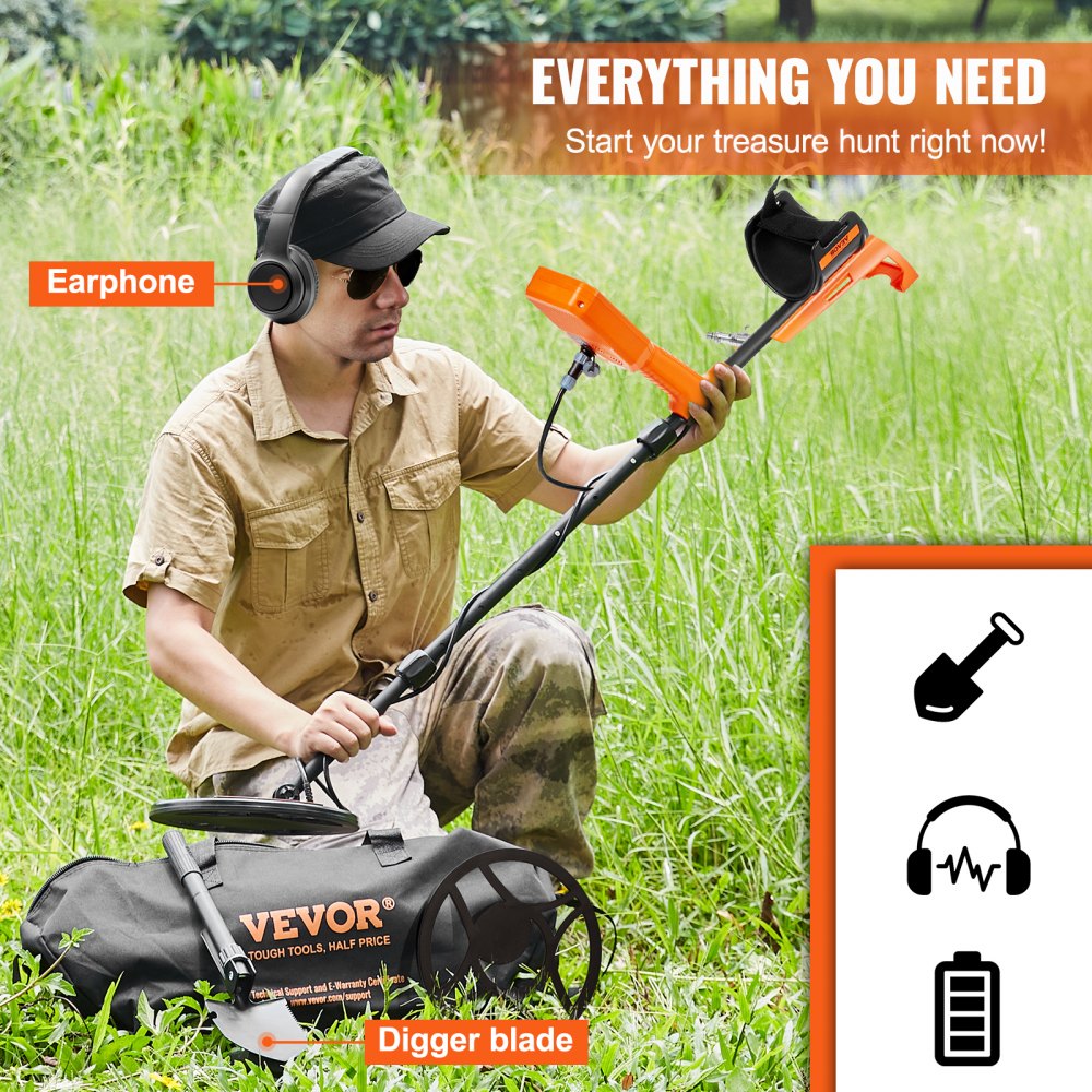VEVOR Detector de Metales Profesional Mango de 99-127 cm Detector Recargable Bobina de Búsqueda 30 cm Pantalla LCD IP68 Impermeable 7 Modos DSP Chip Auriculares Bluetooth para Búsqueda de Monedas Oro