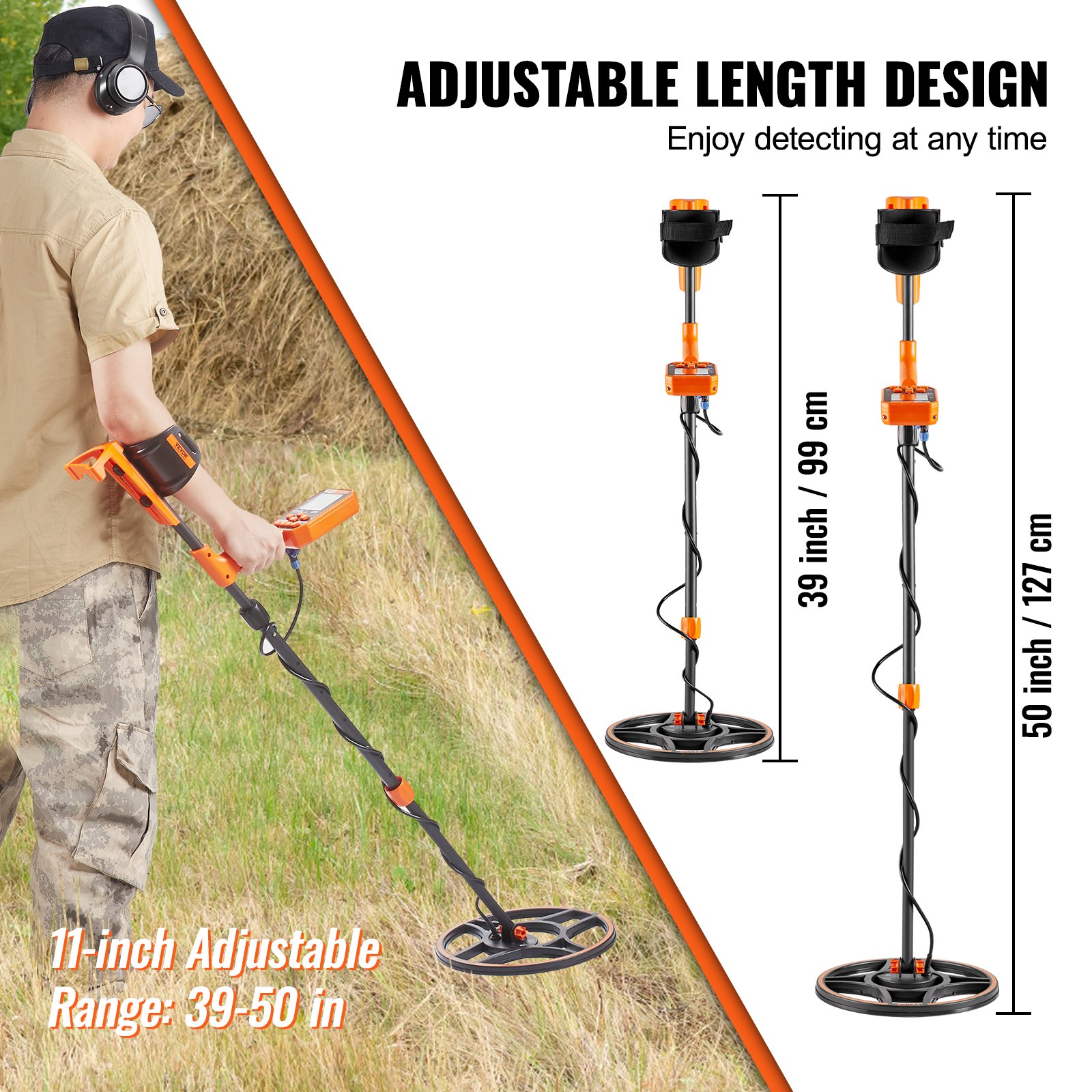 VEVOR Detector de Metales Profesional Mango de 99-127 cm Detector Recargable Bobina de Búsqueda 30 cm Pantalla LCD IP68 Impermeable 7 Modos DSP Chip Auriculares Bluetooth para Búsqueda de Monedas Oro