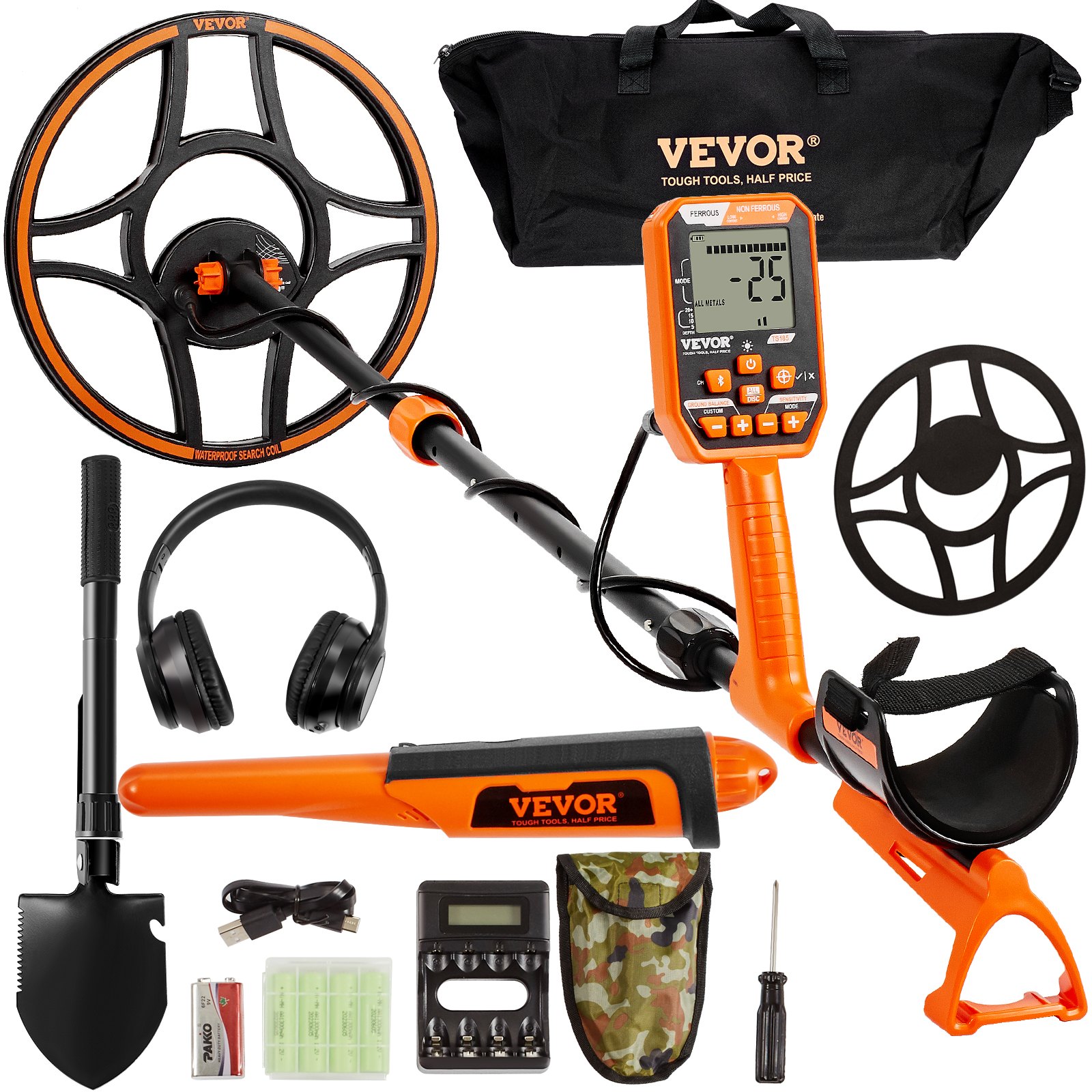 VEVOR Detector de Metales Profesional Mango de 99-127 cm Detector Recargable Bobina de Búsqueda 30 cm Pantalla LCD IP68 Impermeable 7 Modos DSP Chip Auriculares Bluetooth para Búsqueda de Monedas Oro