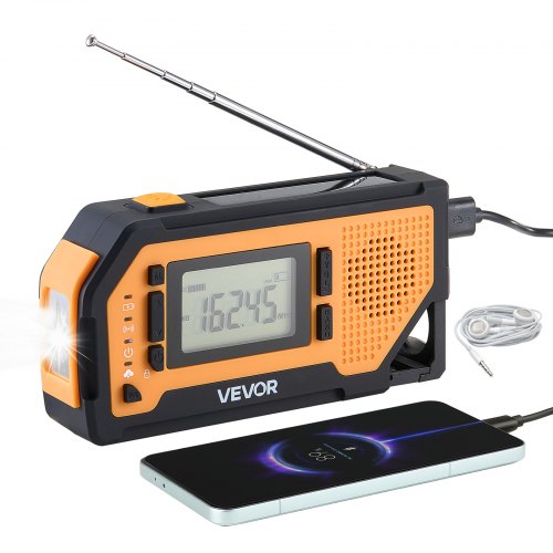 VEVOR Radio de Emergencia Portátil, Batería de 2000 mAh, Alerta FM/AM/WB/NOAA, Radio Solar de Manivela, con Cable de Carga USB, Alarma SOS y Linterna, para Emergencias al Aire Libre, Camping