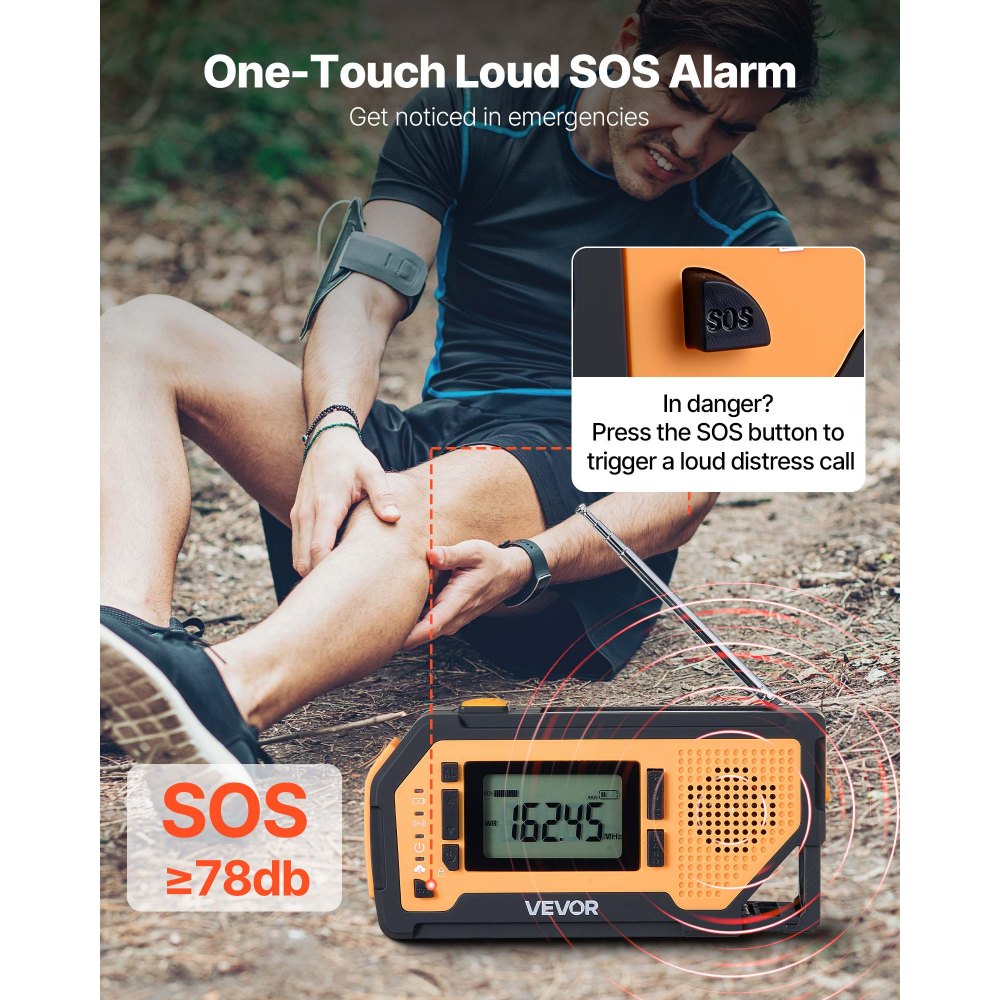 VEVOR Emergency Weather Radio, 2000mAh Battery, FM/AM/WB/NOAA Alert Solar Hand Crank Emergency Radio, with USB Charging Cable, SOS Alarm and Flashlight, Portable for Outdoor Emergencies, Camping