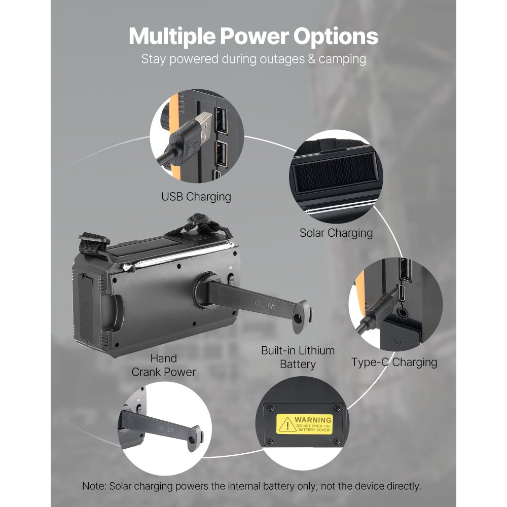 VEVOR Radio de Emergencia Portátil, Batería de 8000 mAh, Alerta FM/AM/WB/NOAA, Radio Solar de Manivela, Carga Tipo C, Cable USB, Alarma SOS y Linterna, para Emergencias al Aire Libre, Camping