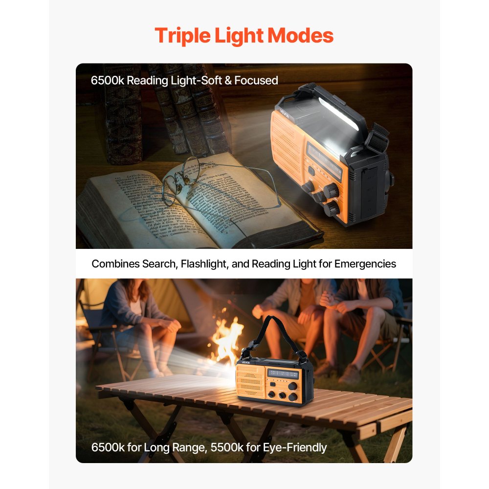 VEVOR Radio de Emergencia Portátil, Batería de 8000 mAh, Alerta FM/AM/WB/NOAA, Radio Solar de Manivela, Carga Tipo C, Cable USB, Alarma SOS y Linterna, para Emergencias al Aire Libre, Camping