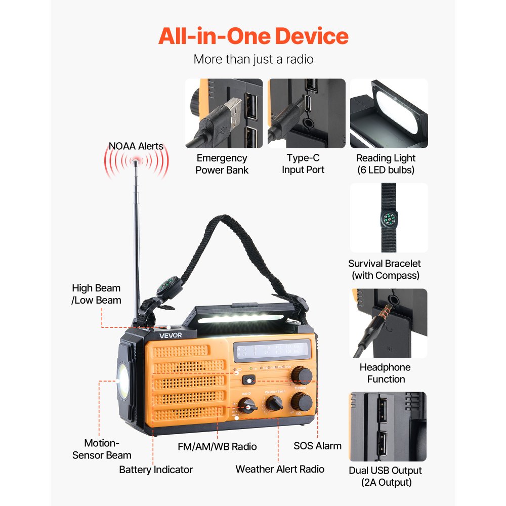 VEVOR Radio de Emergencia Portátil, Batería de 8000 mAh, Alerta FM/AM/WB/NOAA, Radio Solar de Manivela, Carga Tipo C, Cable USB, Alarma SOS y Linterna, para Emergencias al Aire Libre, Camping