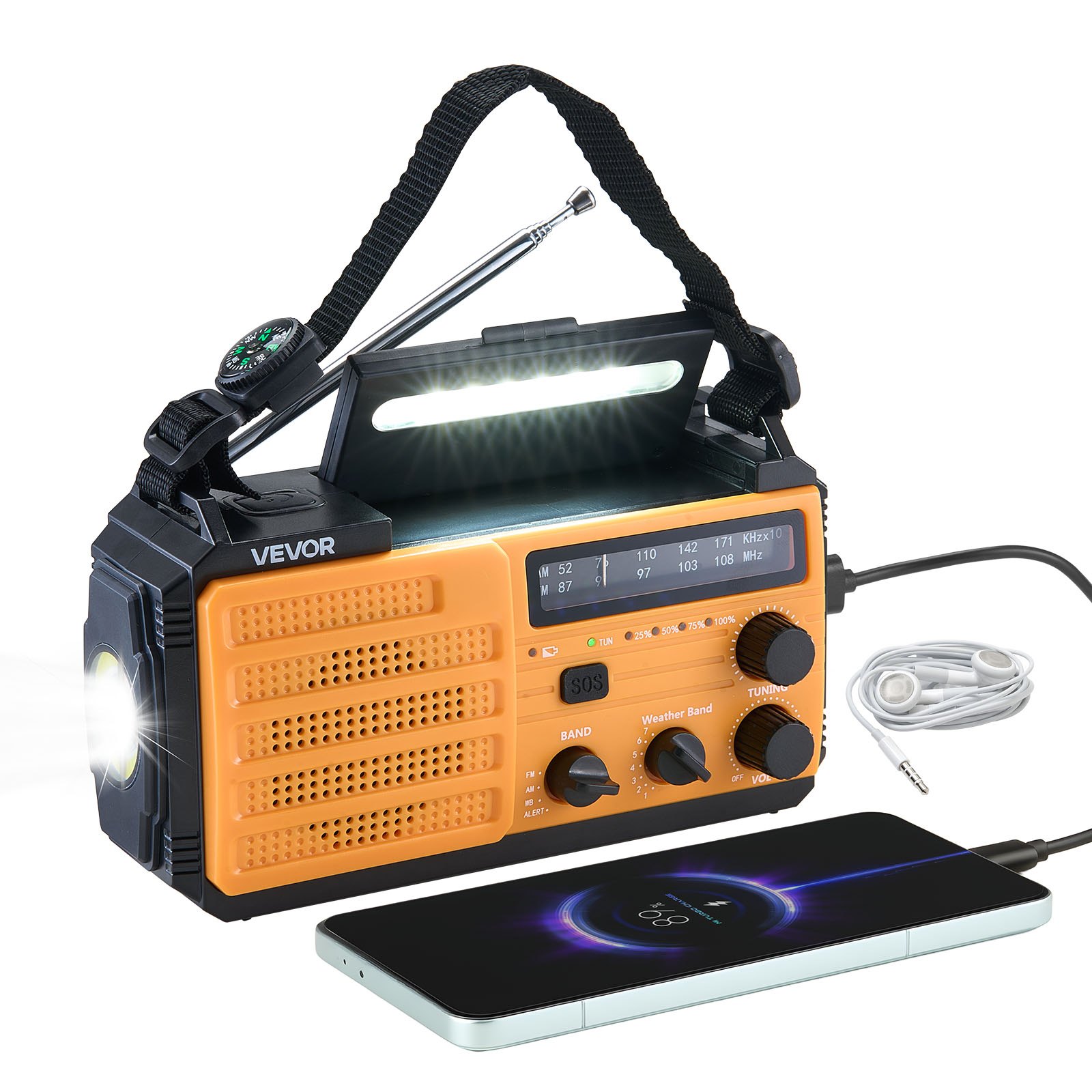 VEVOR Radio de Emergencia Portátil, Batería de 8000 mAh, Alerta FM/AM/WB/NOAA, Radio Solar de Manivela, Carga Tipo C, Cable USB, Alarma SOS y Linterna, para Emergencias al Aire Libre, Camping