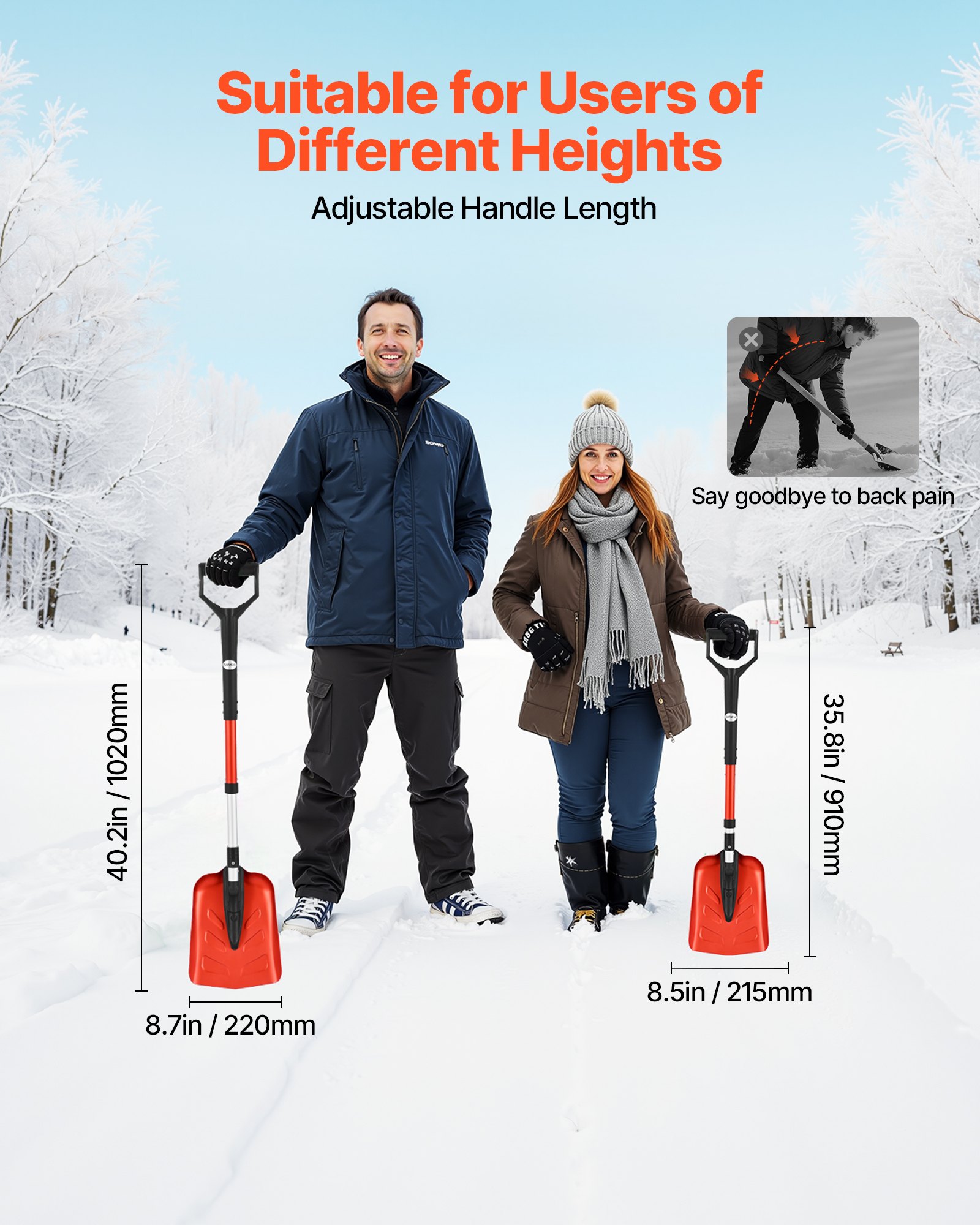 VEVOR Snow Shovel for Driveway, 22cm Foldable Snow Shovel with D-shaped Handle, , 36-40 in Adjustable, Lightweight Aluminum Alloy Snows Removal Tool, Reduce Back Strains for Garden Car Camping