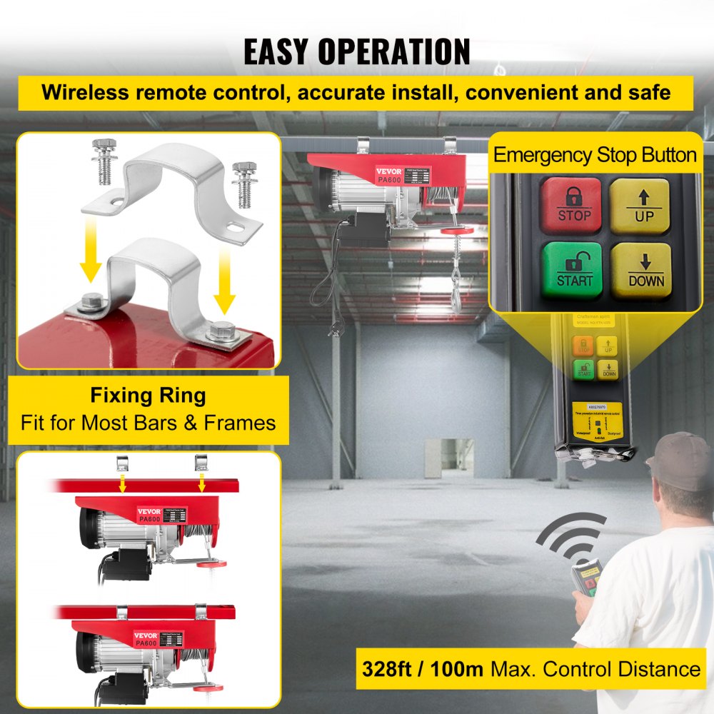 VEVOR Polipasto Eléctrico 220 V / 1150 W Capacidad de Carga 297 KG / 594 KG Cabrestante Eléctrico con Remoto Inalámbrico 12 m / min, 6 m / min Herramienta de Elevación para Talleres de Tienda Casera