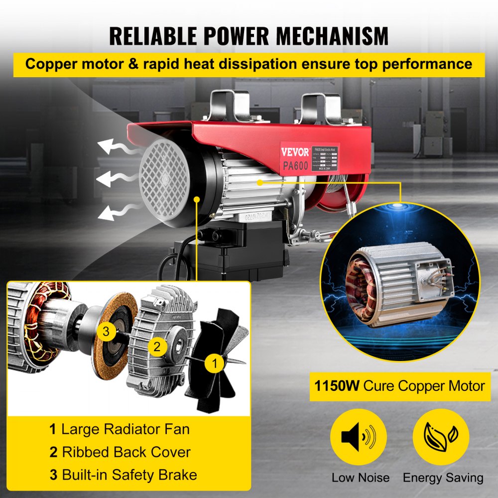 VEVOR Polipasto Eléctrico 220 V / 1150 W Capacidad de Carga 297 KG / 594 KG Cabrestante Eléctrico con Remoto Inalámbrico 12 m / min, 6 m / min Herramienta de Elevación para Talleres de Tienda Casera