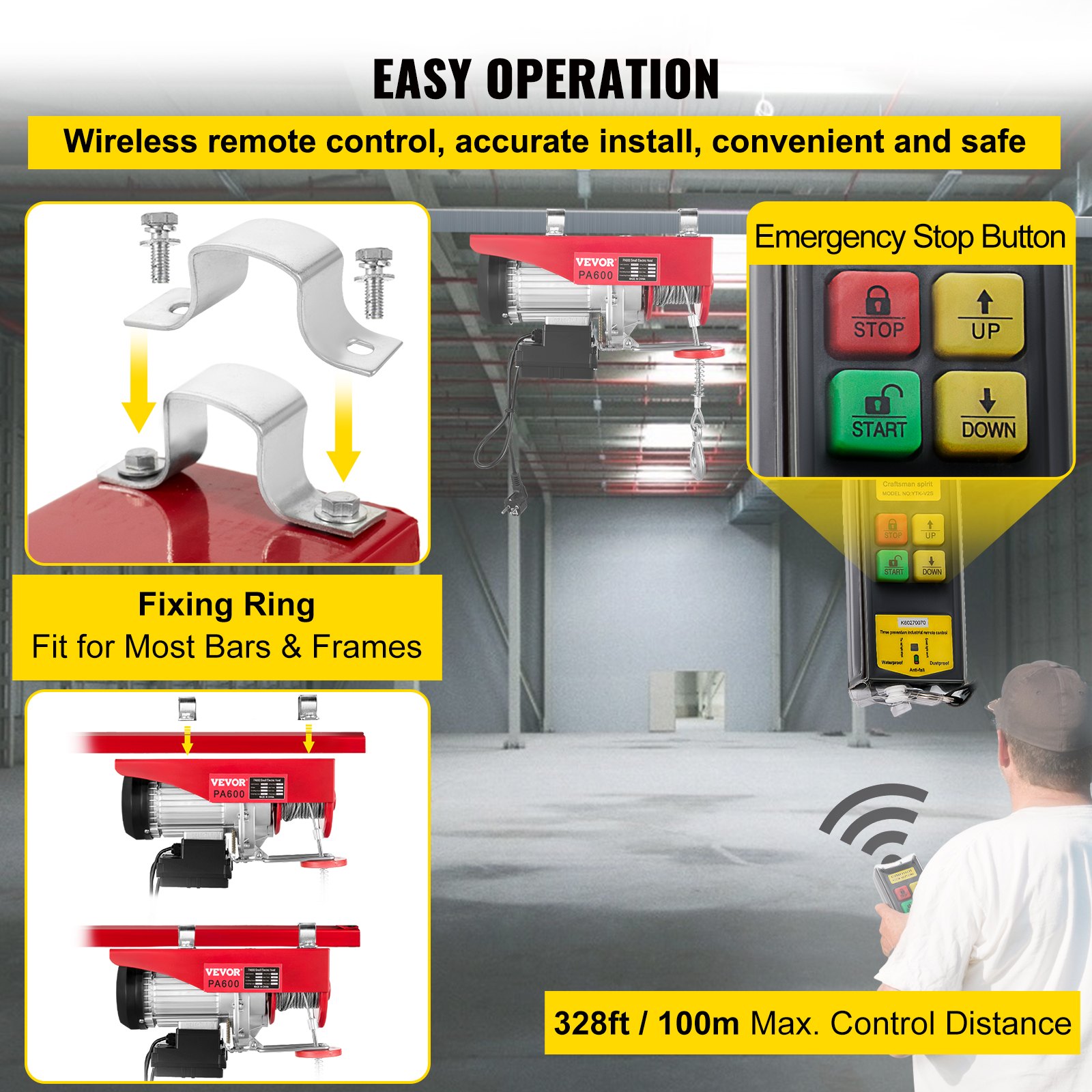 VEVOR Polipasto Eléctrico 220 V / 1150 W Capacidad de Carga 297 KG / 594 KG Cabrestante Eléctrico con Remoto Inalámbrico 12 m / min, 6 m / min Herramienta de Elevación para Talleres de Tienda Casera
