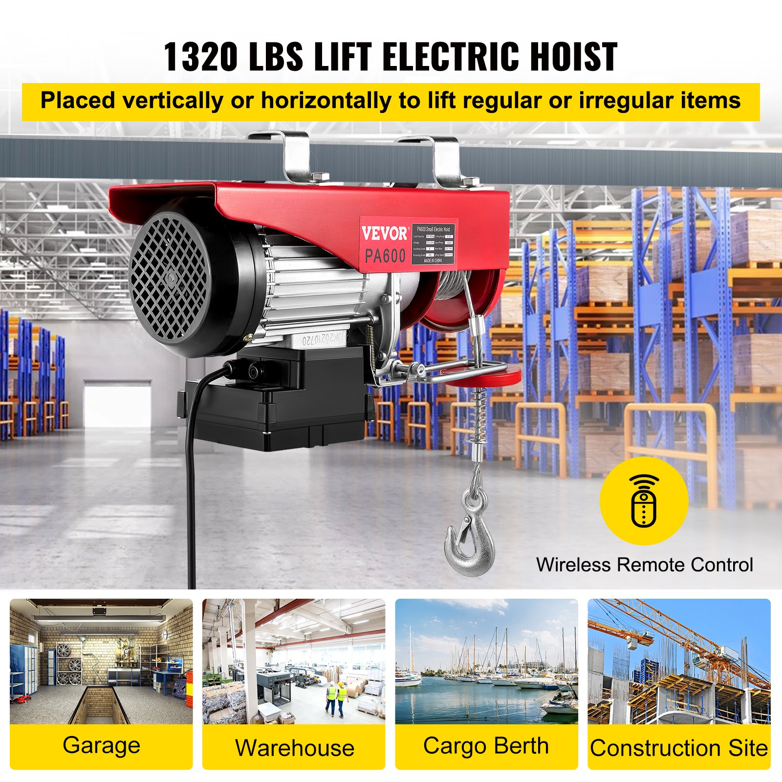 VEVOR Polipasto Eléctrico 220 V / 1150 W Capacidad de Carga 297 KG / 594 KG Cabrestante Eléctrico con Remoto Inalámbrico 12 m / min, 6 m / min Herramienta de Elevación para Talleres de Tienda Casera