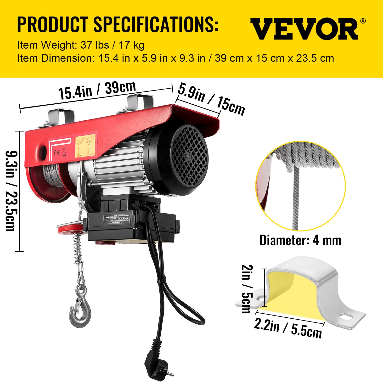 VEVOR Polipasto Eléctrico 220 V / 1150 W Capacidad de Carga 297 KG / 594 KG Cabrestante Eléctrico con Remoto Inalámbrico 12 m / min, 6 m / min Herramienta de Elevación para Talleres de Tienda Casera