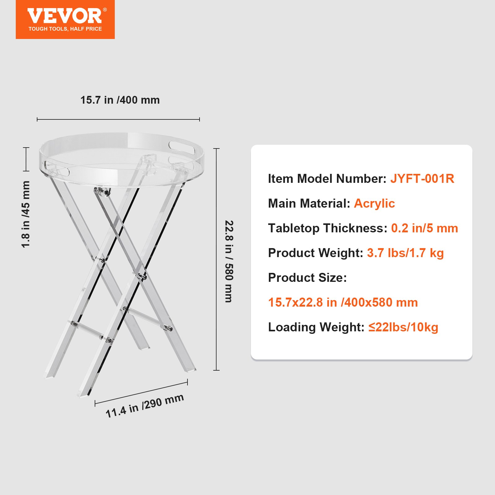 VEVOR Acrylic Folding Table with Tray φ40 x 58 cm, Acrylic Side Table with Folding X-Leg, Acrylic Side Table for Coffee, Drinks, Food, Snacks, Coffee Table for Living Room, Bedroom, etc.
