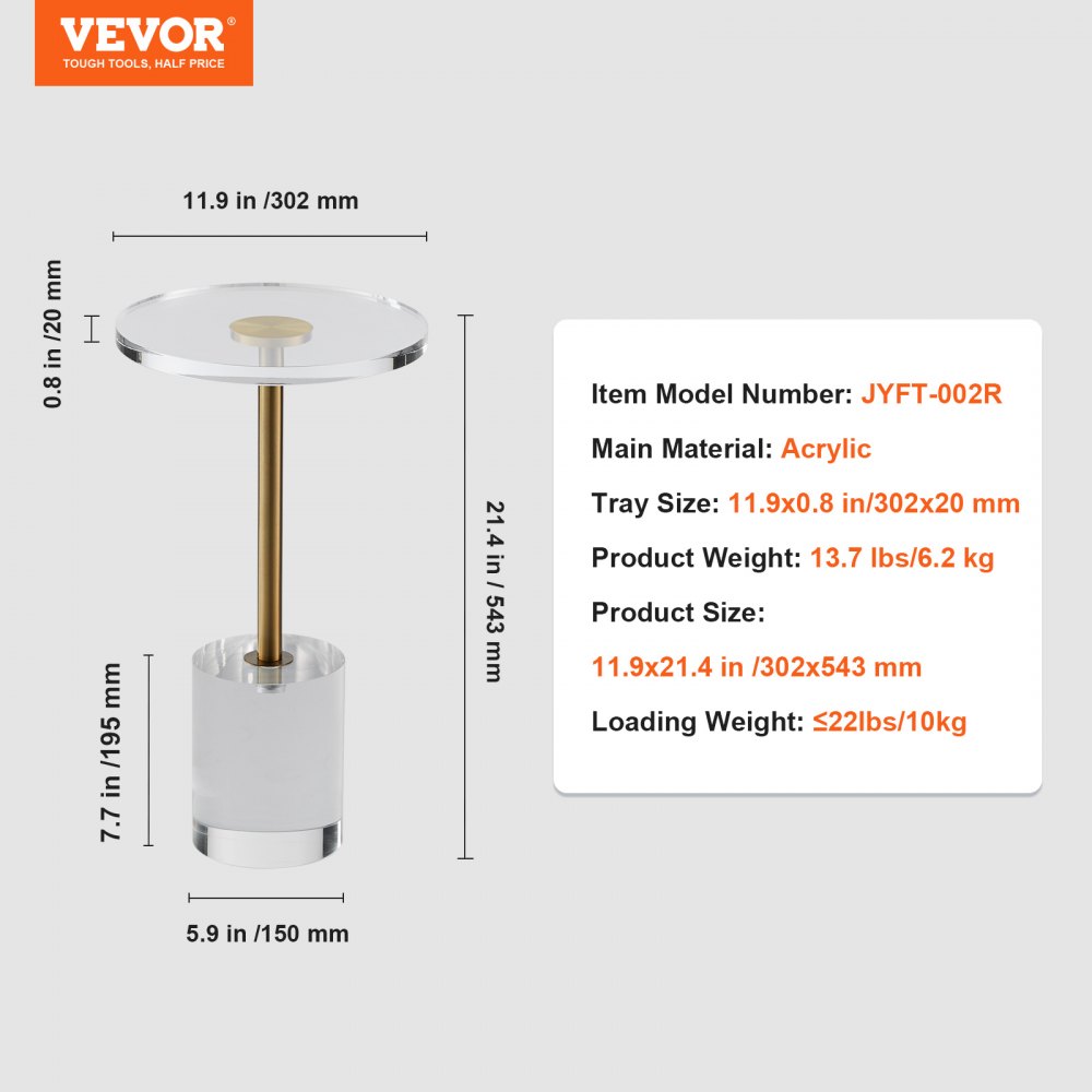VEVOR Mesa Auxiliar Redonda 302x543 mm Mesa de Centro de Acrílico para Sofá Carga Máxima 10 kg Mesita de Noche Fácil Instalación para Negocios Al Alcance Sala de Estar Dormitorio Balcón Transparente