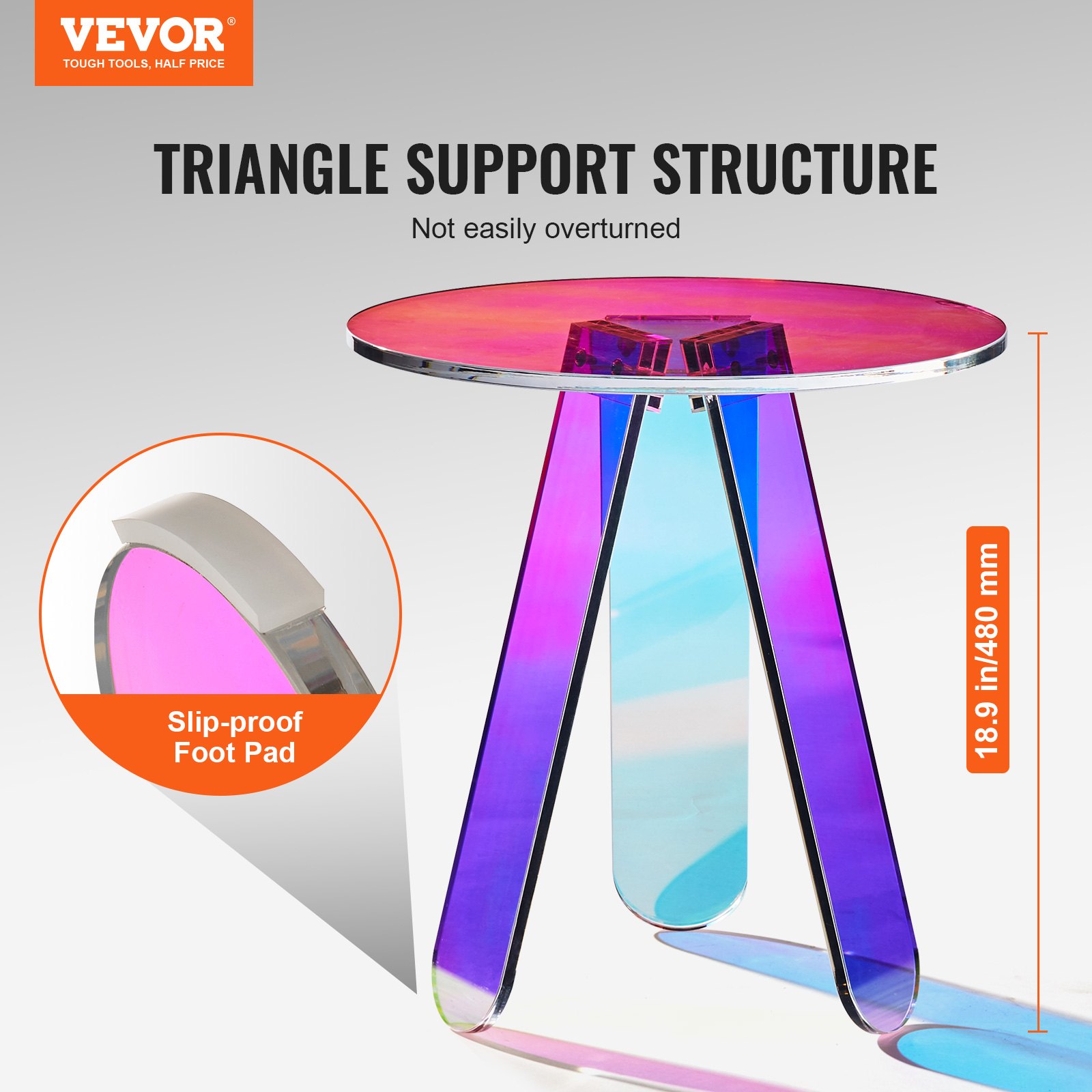 VEVOR Mesa Auxiliar Redonda 450x480 mm Mesa de Centro de Acrílico para Sofá Carga Máxima 10 kg Mesita de Noche Fácil Instalación para Negocios al Alcance Sala de Estar Dormitorio Balcón Iridiscente