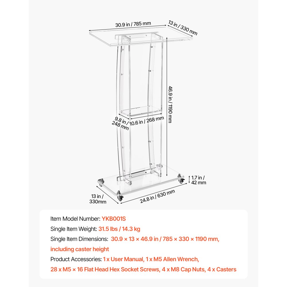 VEVOR Soporte de Podio de Acrílico Transparente Altura 120 cm con Ruedas, Mesa Auxiliar Móvil para Universidad, Presentación, Boda, Oficina, Eventos, con Estante de Almacenamiento, Kit de Accesorios