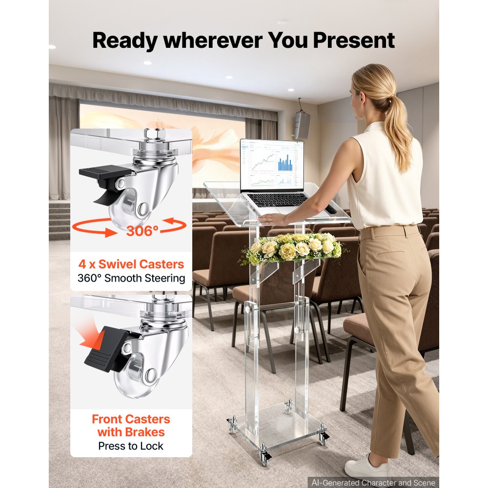 VEVOR Soporte de Podio de Acrílico Transparente Mesa Móvil para Portátil, para Escuelas, Oficinas, Presentaciones, Altura Ajustable 109-118 cm, con Ruedas, Estante de Almacenamiento, Inclinación