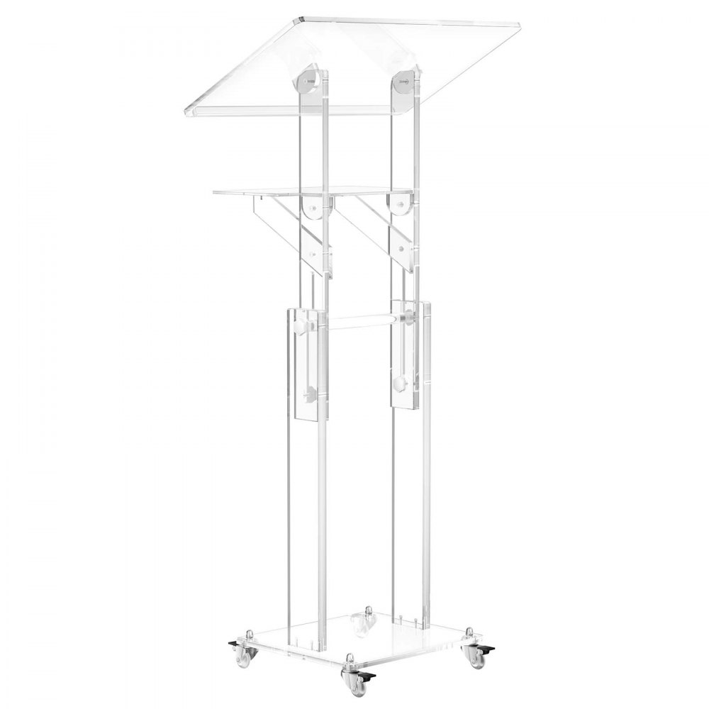 VEVOR Soporte de Podio de Acrílico Transparente Mesa Móvil para Portátil, para Escuelas, Oficinas, Presentaciones, Altura Ajustable 109-118 cm, con Ruedas, Estante de Almacenamiento, Inclinación