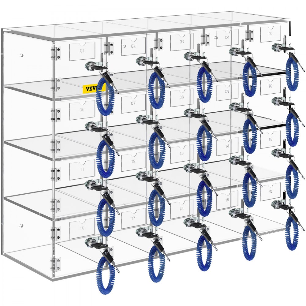VEVOR Casillero de almacenamiento para teléfono móvil, cabina telefónica de acrílico con cerradura, 20 ranuras, 53x18x42,5 cm, gabinete de almacenamiento para teléfono con llaves, sala de reuniones