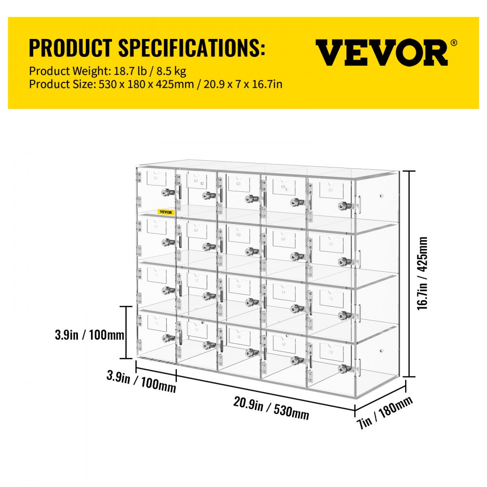 VEVOR Casillero de almacenamiento para teléfono móvil, cabina telefónica de acrílico con cerradura, 20 ranuras, 53x18x42,5 cm, gabinete de almacenamiento para teléfono con llaves, sala de reuniones