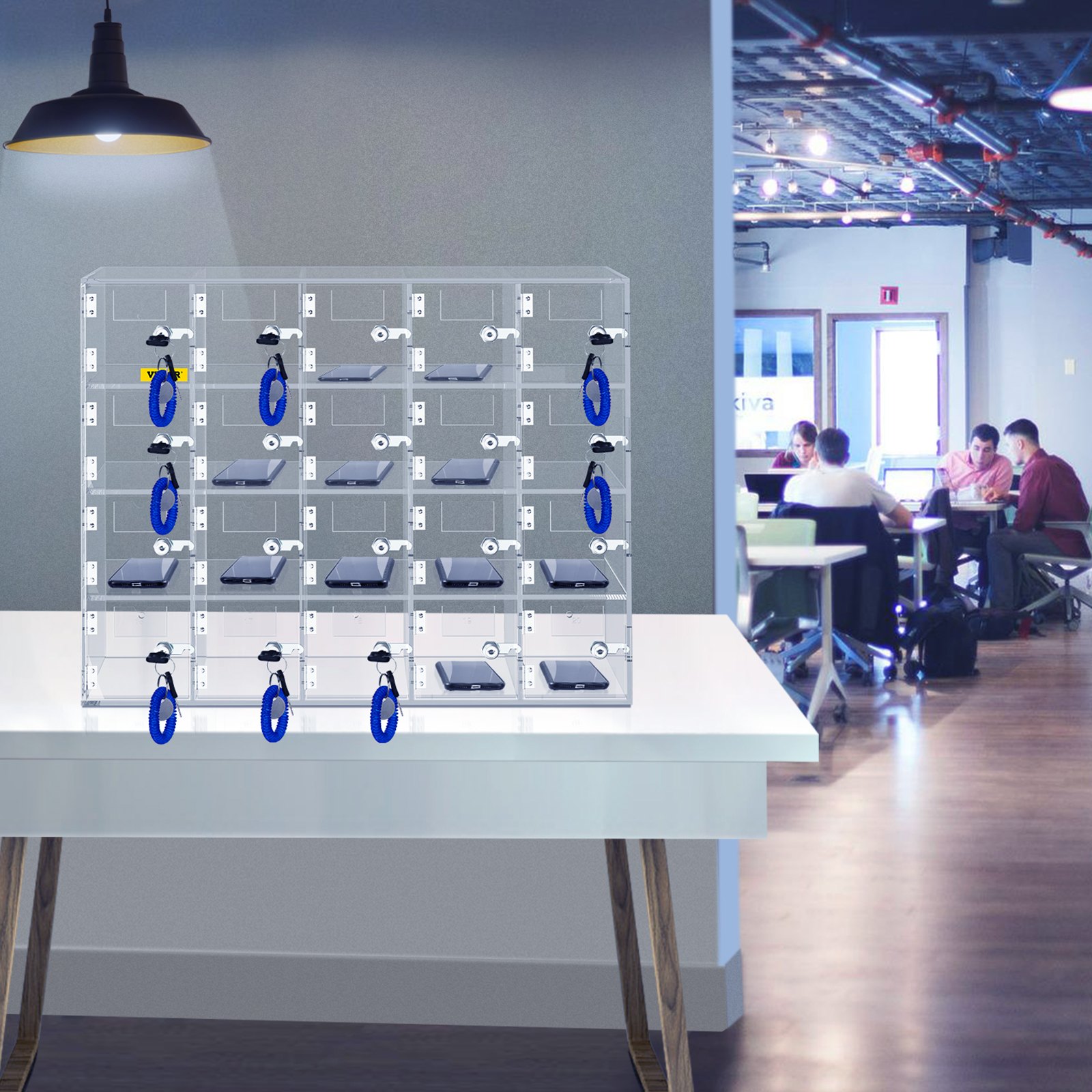 VEVOR Casillero de almacenamiento para teléfono móvil, cabina telefónica de acrílico con cerradura, 20 ranuras, 53x18x42,5 cm, gabinete de almacenamiento para teléfono con llaves, sala de reuniones