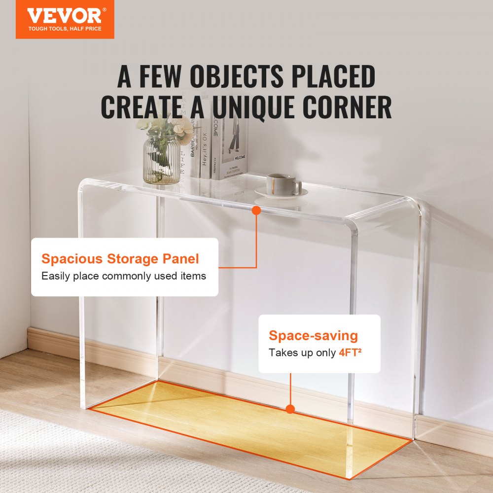 VEVOR Mesa Consola de Acrílico Transparente Mesa Auxiliar 964x381x740mm Mesa de Recibidor Grosor de 20mm Carga Máxima 50kg Almacenamiento en Extremo del Sofá para Salón, Dormitorio, Terraza, Cafetería