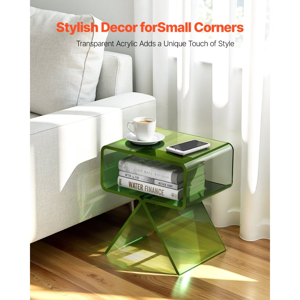 VEVOR Mesa Auxiliar de Acrílico 30 x 39,1 x 43 cm, Mesita de Noche con Estante Carga de 10 kg, Verde Transparente, Mesa de Centro Estable para Sala de Estar, Dormitorio, Salón, Decoración del Hogar