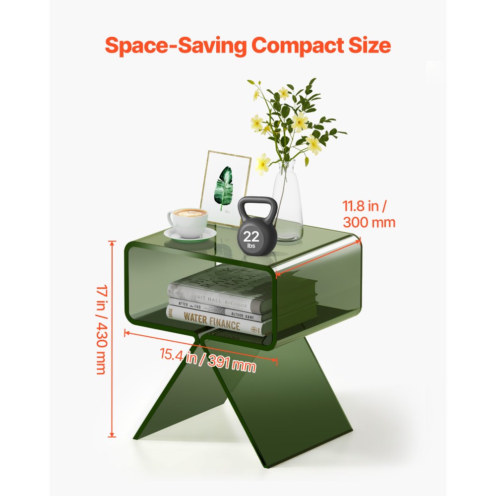 VEVOR Mesa Auxiliar de Acrílico 30 x 39,1 x 43 cm, Mesita de Noche con Estante Carga de 10 kg, Verde Transparente, Mesa de Centro Estable para Sala de Estar, Dormitorio, Salón, Decoración del Hogar