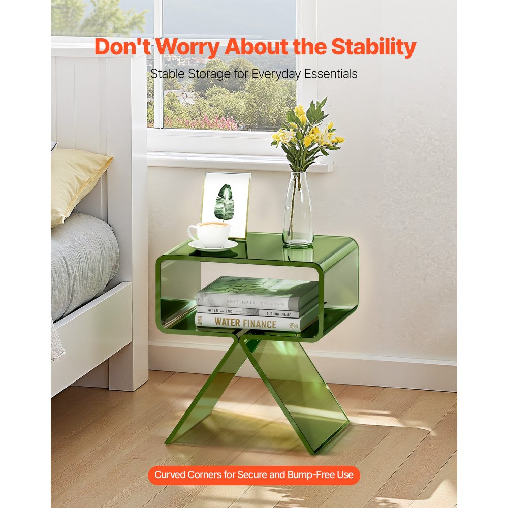 VEVOR Mesa Auxiliar de Acrílico 30 x 39,1 x 43 cm, Mesita de Noche con Estante Carga de 10 kg, Verde Transparente, Mesa de Centro Estable para Sala de Estar, Dormitorio, Salón, Decoración del Hogar