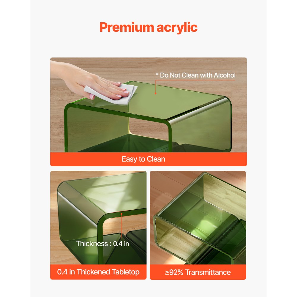 VEVOR Mesa Auxiliar de Acrílico 30 x 39,1 x 43 cm, Mesita de Noche con Estante Carga de 10 kg, Verde Transparente, Mesa de Centro Estable para Sala de Estar, Dormitorio, Salón, Decoración del Hogar