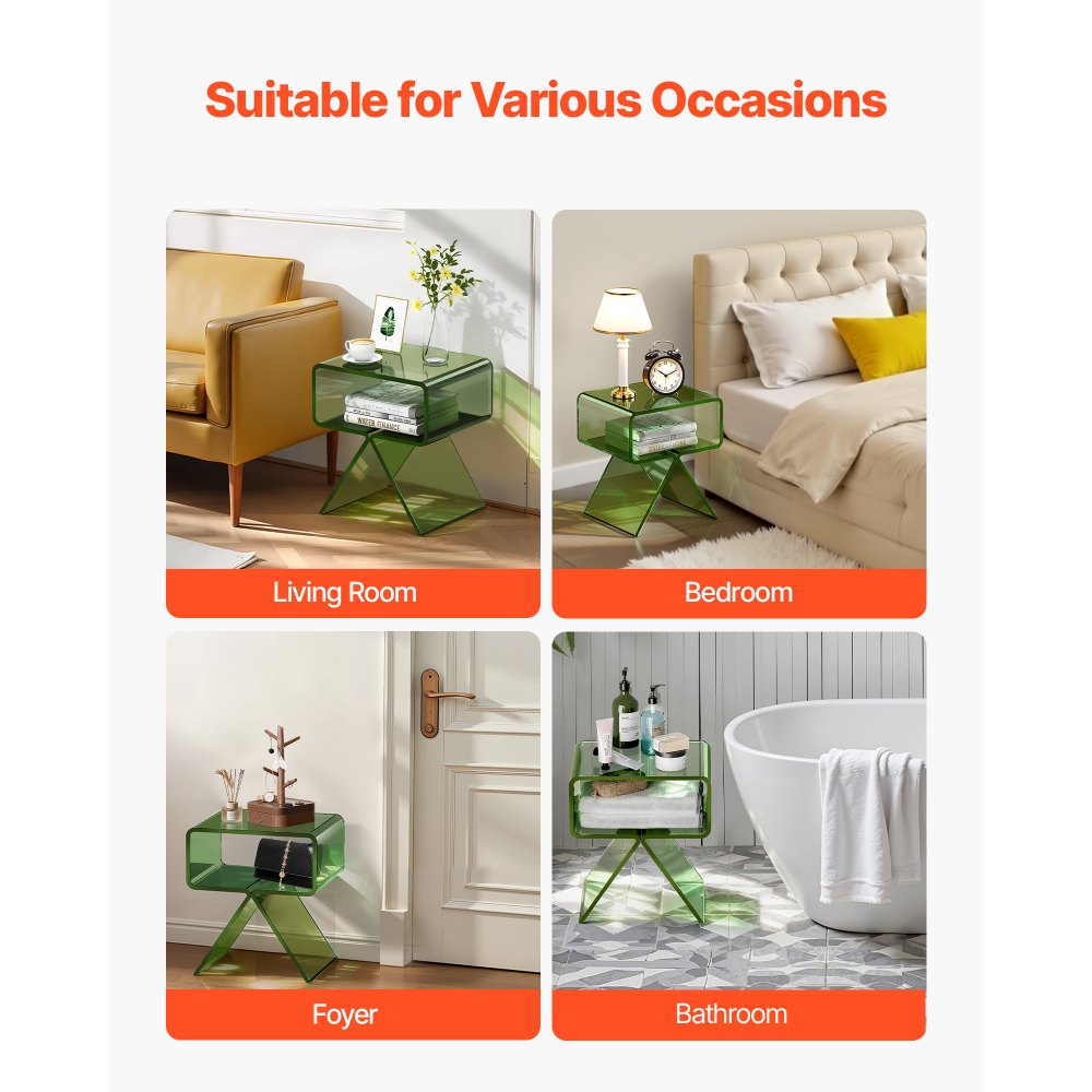 VEVOR Mesa Auxiliar de Acrílico 30 x 39,1 x 43 cm, Mesita de Noche con Estante Carga de 10 kg, Verde Transparente, Mesa de Centro Estable para Sala de Estar, Dormitorio, Salón, Decoración del Hogar