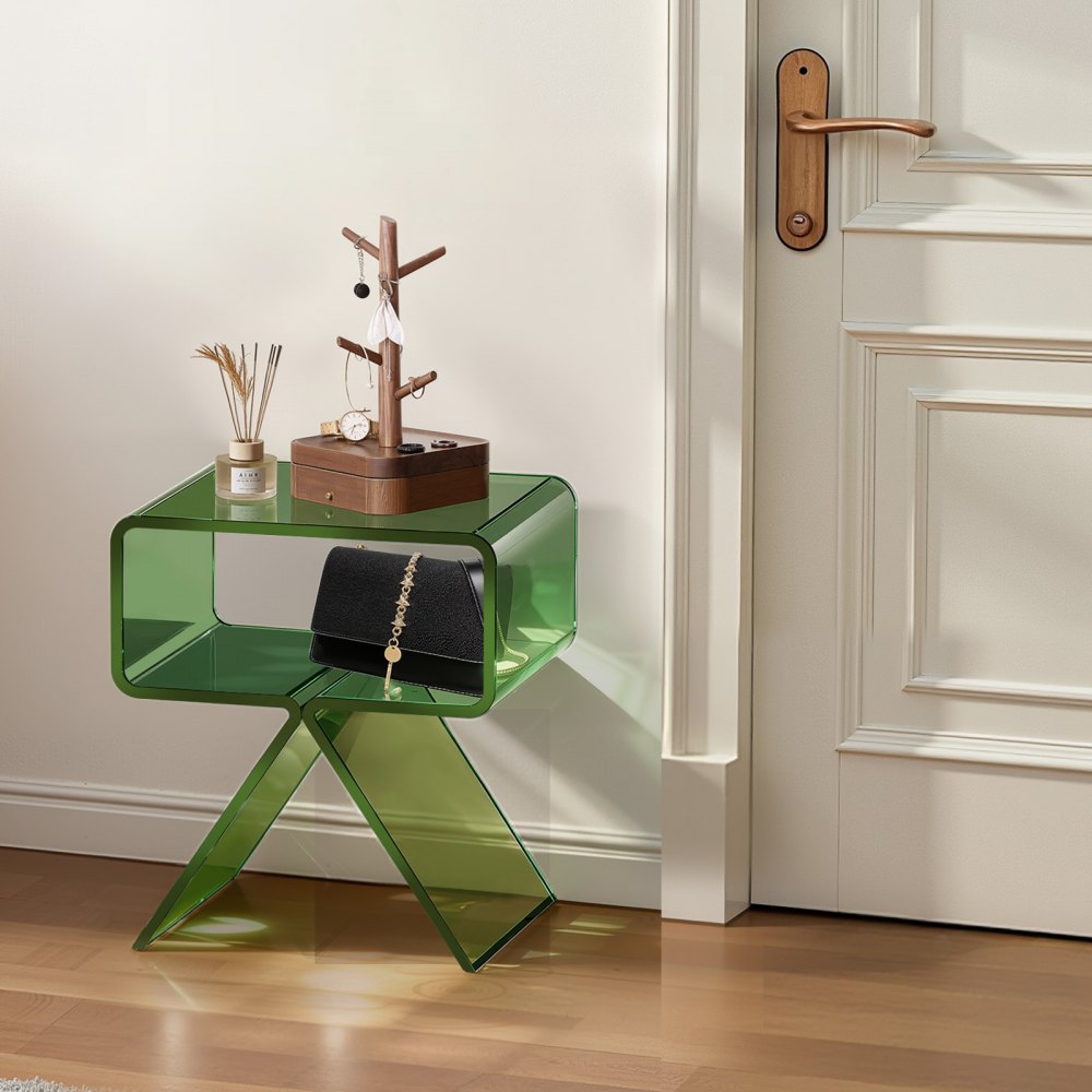 VEVOR Mesa Auxiliar de Acrílico 30 x 39,1 x 43 cm, Mesita de Noche con Estante Carga de 10 kg, Verde Transparente, Mesa de Centro Estable para Sala de Estar, Dormitorio, Salón, Decoración del Hogar