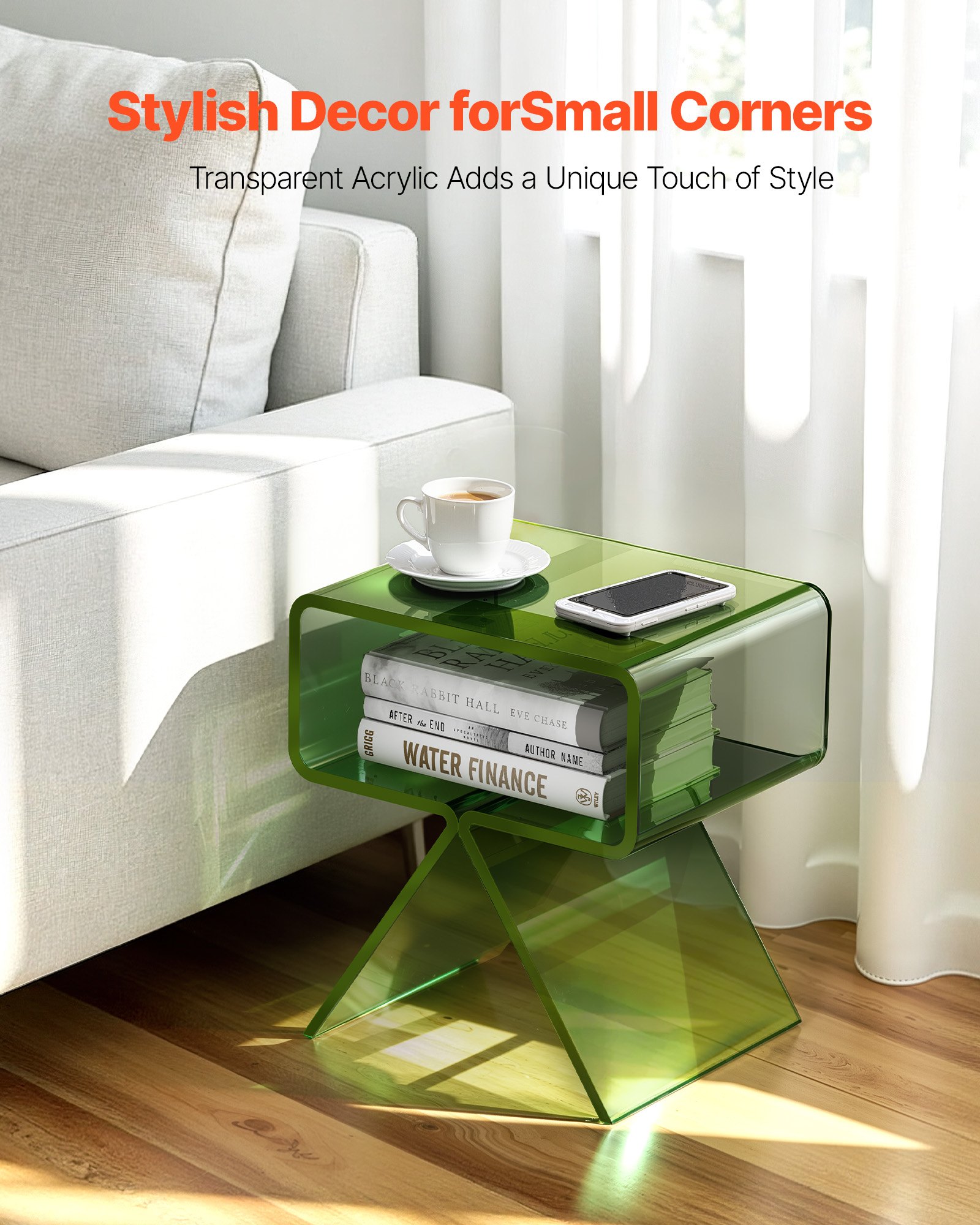 VEVOR Mesa Auxiliar de Acrílico 30 x 39,1 x 43 cm, Mesita de Noche con Estante Carga de 10 kg, Verde Transparente, Mesa de Centro Estable para Sala de Estar, Dormitorio, Salón, Decoración del Hogar