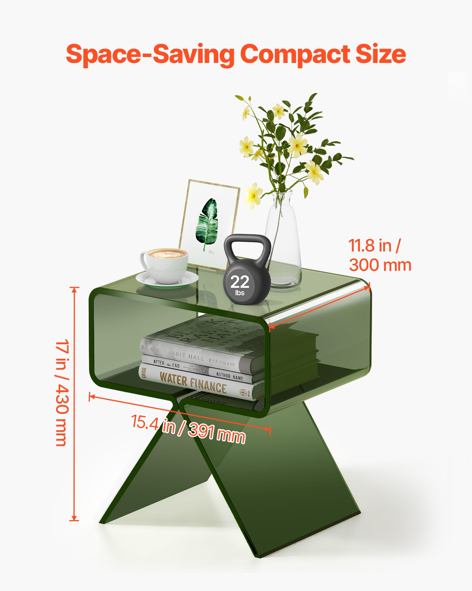VEVOR Mesa Auxiliar de Acrílico 30 x 39,1 x 43 cm, Mesita de Noche con Estante Carga de 10 kg, Verde Transparente, Mesa de Centro Estable para Sala de Estar, Dormitorio, Salón, Decoración del Hogar