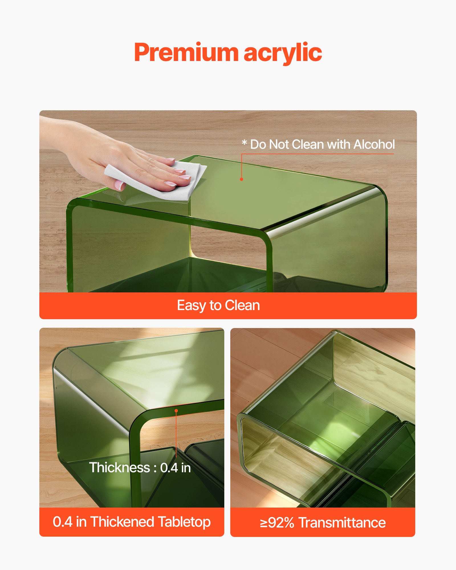 VEVOR Mesa Auxiliar de Acrílico 30 x 39,1 x 43 cm, Mesita de Noche con Estante Carga de 10 kg, Verde Transparente, Mesa de Centro Estable para Sala de Estar, Dormitorio, Salón, Decoración del Hogar