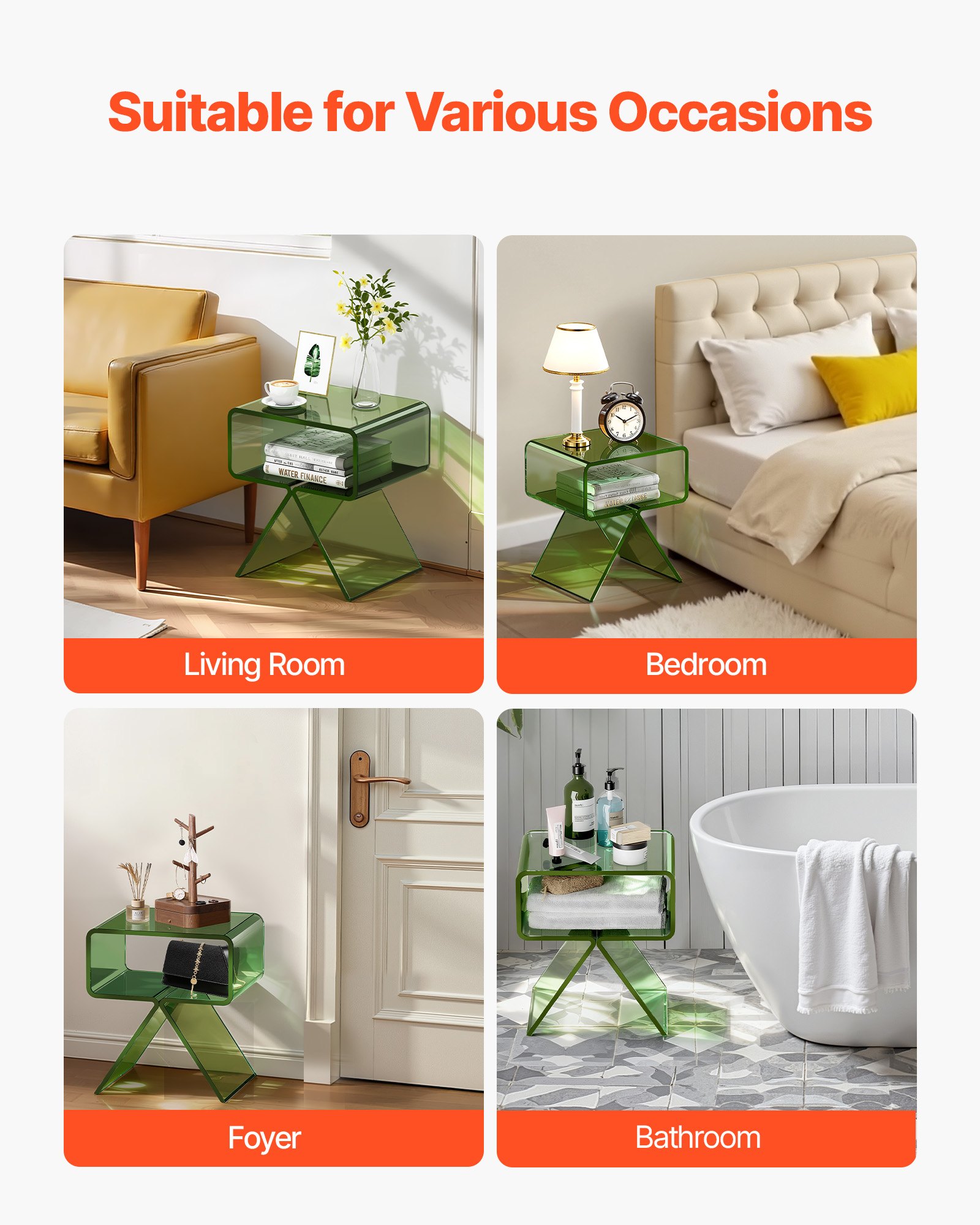 VEVOR Mesa Auxiliar de Acrílico 30 x 39,1 x 43 cm, Mesita de Noche con Estante Carga de 10 kg, Verde Transparente, Mesa de Centro Estable para Sala de Estar, Dormitorio, Salón, Decoración del Hogar