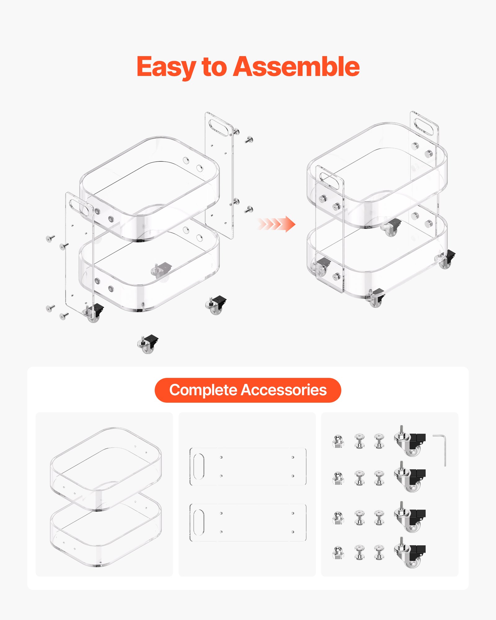 VEVOR Mesa Auxiliar de Acrílico con Ruedas 30,5 x 41,6 x 48 cm, Carro de Acrílico de 2 Niveles Transparente, Mesa de Centro con Estante de Almacenamiento para Salón, Dormitorio, Bar, Oficina