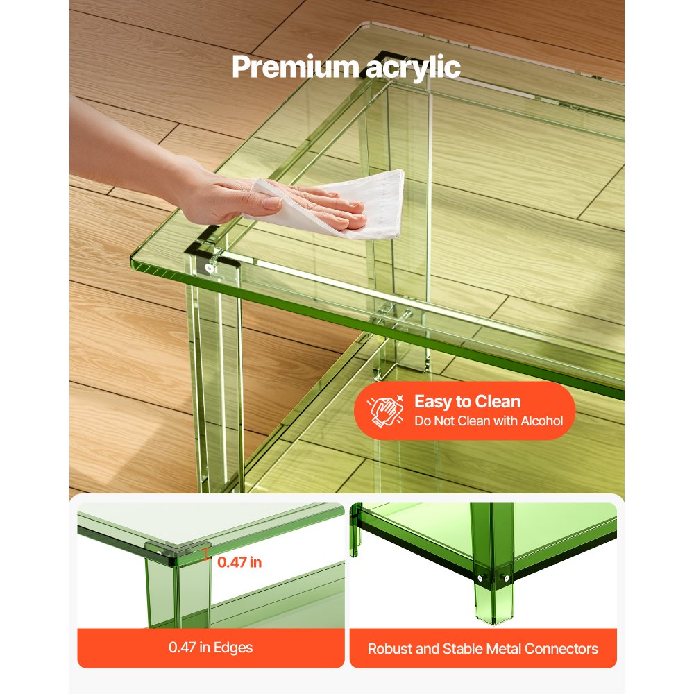 VEVOR Mesa Auxiliar de Acrílico de 2 Niveles con Estante, Mesita de Noche 50 x 80 x 40 cm Rectangular Carga de 50 kg, Verde Transparente, Mesa de Centro Estable para Sala de Estar, Oficina, Salón