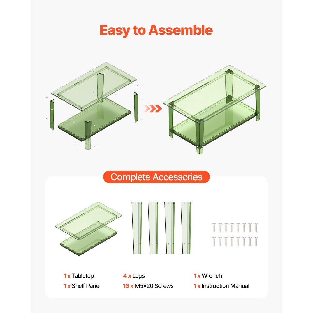 VEVOR Mesa Auxiliar de Acrílico de 2 Niveles con Estante, Mesita de Noche 50 x 80 x 40 cm Rectangular Carga de 50 kg, Verde Transparente, Mesa de Centro Estable para Sala de Estar, Oficina, Salón