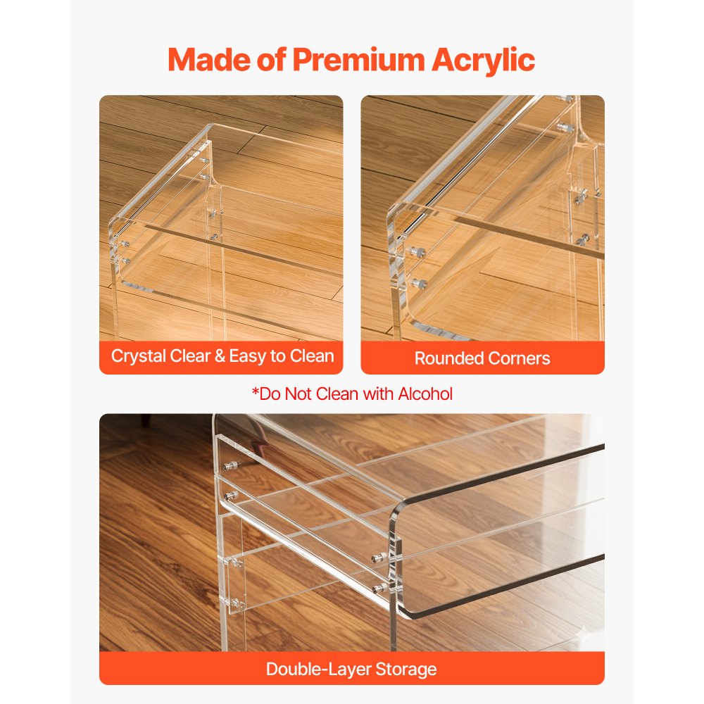 VEVOR Acrylic Table, 2 Tiers Clear End Table with Storage Shelf, Modern Rectangle Acrylic Side Desk, Transparent Thick Desk Nightstand for Bedroom, Office, Living Room, 40 x 85 x 75 cm (Clear)